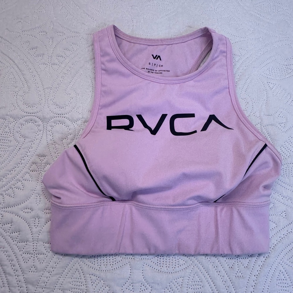 RVCA VA Womens Pink High Neck Racerback Sports Bra Logo Crop Top Small
